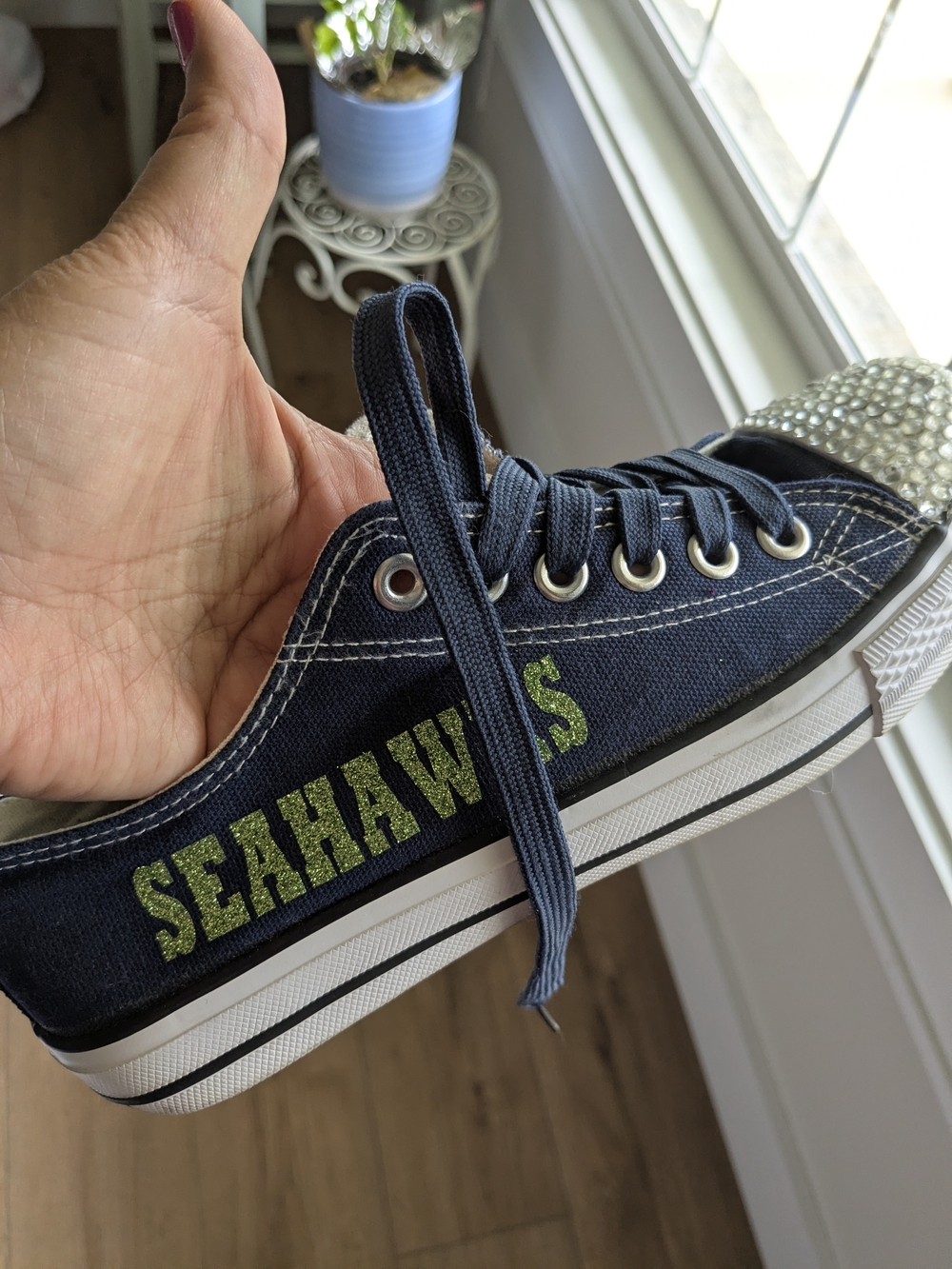 Custom Made Navy Seahawks Glitter-Logo Women's Canvas Sneaker